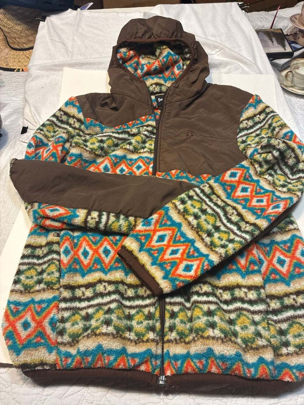 Betabrand San Francisco Women's Hooded Fleece Jacket with Patterned Aztec Detail